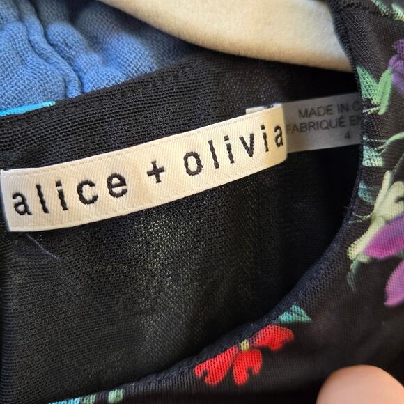 Alice + Olivia Chara Vegan Leather Floral Crew Neck Long Sleeve‎ Skirt Dress - Picture 5 of 6